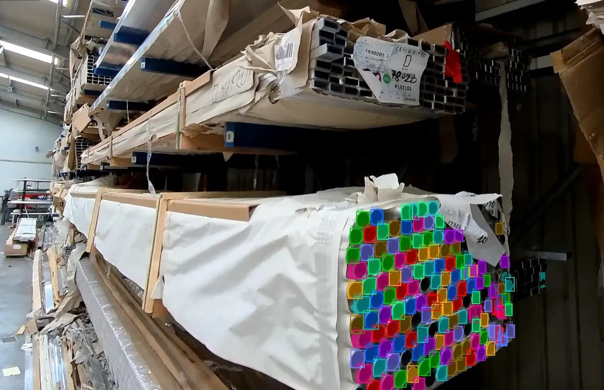 Color-segmented view of stored material in a warehouse